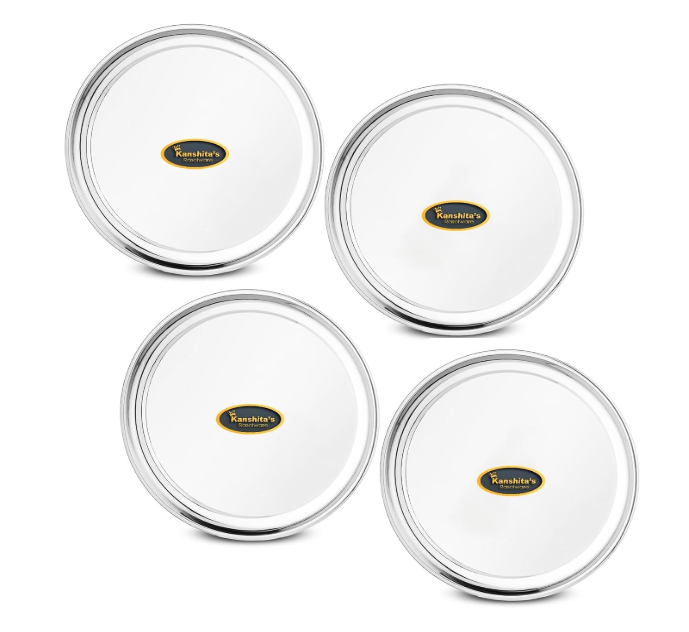 Kanshita's Rasoiware 4-Piece Stainless Steel Full Plate Set – 11 Inch Dinner Plates, Mirror Finish
