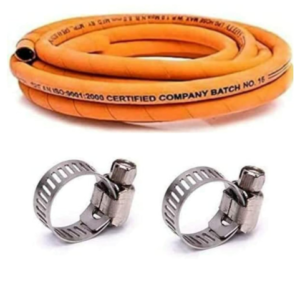 Black liger SURAKSHA Rubber Hose Pipe, ISI Certified, Steel Wire Reinforced, long, Orange 5 metres with 2 gas pipe clamps