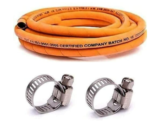 Black liger SURAKSHA Rubber Hose Pipe, ISI Certified, Steel Wire Reinforced, long, Orange 5 metres with 2 gas pipe clamps