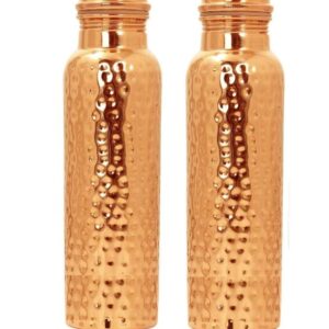 Copper Water Bottle | Hammered Finish Sipper Water Bottle (1 Liter) | Leak Proof, Non-Toxic & BPA Free Bottles (Set of 2)