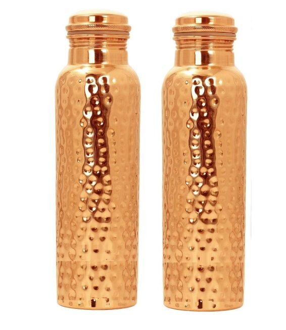 Copper Water Bottle | Hammered Finish Sipper Water Bottle (1 Liter) | Leak Proof, Non-Toxic & BPA Free Bottles (Set of 2)