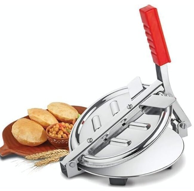 Puri Maker Press Machine with Handle, Jumbo Stainless Steel 7.5 inch Dia, Manual Stainless Steel Roti Press, Papad/Khakhra/Chapati Maker