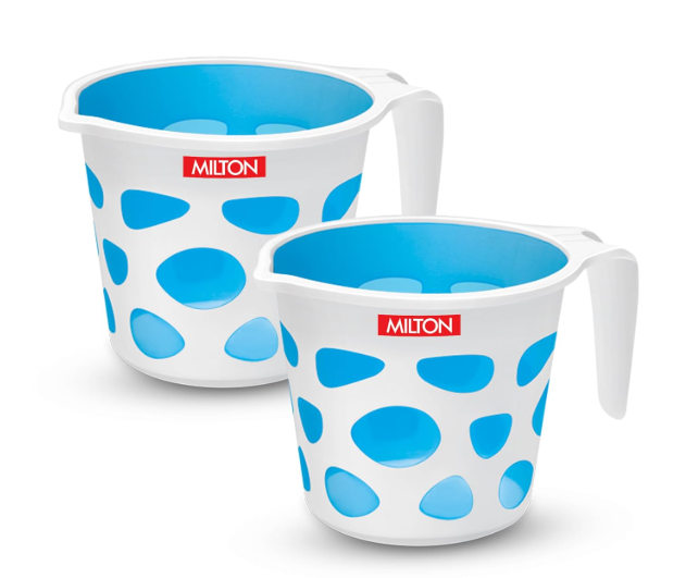 MILTON Duplex Plastic Mug Set of 2, 1 L Each | Lightweight & Unbreakable Bath Mug with Easy Grip Handle | Classy Design I Ideal for Bathing, Kitchen & Utility Use, Blue