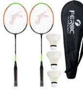 Feroc Aluminium Badminton-Racket, Set of 2 with Feather Shuttles, 3 Pieces with Full-Cover