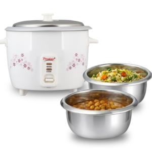 Prestige Delight PRWO-1.5-2 Double Pot Electric Rice Cooker(1.5 liter For Rice-Open Type, White, With Aluminium Cooking Pan-2 Units 3.5 L Pan Volume, 500 W)