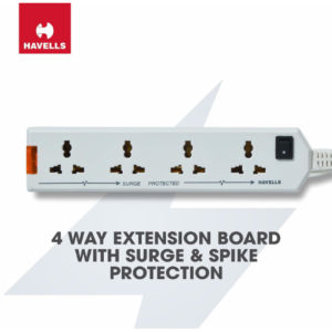 Havells 4 Way Extension Board With Surge & Spike Protection|For Power Requirements Up To 1440W |1.5 Mtr ISI Certified Copper Wire| LED Indicator | Rating -6A, 240V | Home & Office Use, 10 Volts