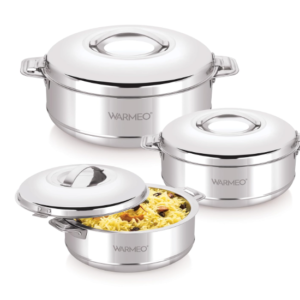 WARMEO Steam Insulated Stainless Steel Casseroles| Easy to Carry Hot Boxes for Kitchen | Hot Food, Easy to Store| Silver| Set of 3 (1000,1500, 2500ml)