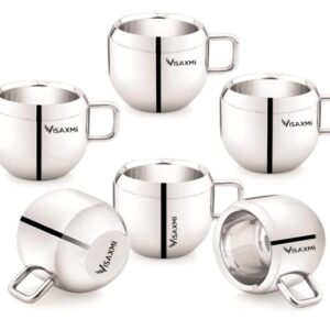 Stainless Steel Tea Cup Set of 6 80ml | Double Wall Tea Cup | Latest Stylish Design Tea & Coffee Cup - (Pack of 6, Silver)