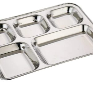 Heavy Duty Stainless Steel Rectangle/Square Deep Dinner Plate w/5 Sections Divided Mess Trays for Kids Lunch, Camping, Events & Every Day Use Kitchenware - Set of 3 Pcs