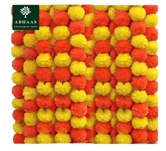Abhaas 10Pcs Artificial Marigold Garland for Decoration Pooja Room Toran Indian Genda Phool for Wedding & Festivals Diwali Pongal (Orange+Yellow) /4.7 Feet/Set of 10 Strings, 147 cm, 147 Cm