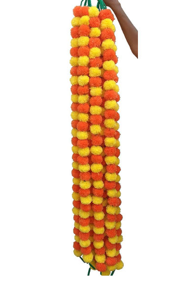 Abhaas 10Pcs Artificial Marigold Garland for Decoration Pooja Room Toran Indian Genda Phool for Wedding & Festivals Diwali Pongal (Orange+Yellow) /4.7 Feet/Set of 10 Strings, 147 cm, 147 Cm - Image 2