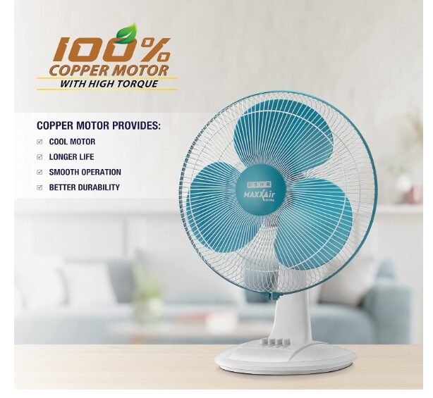 USHA Maxx Air Ultra Table Fan | 400MM Sweep Size | 1350_RPM | Aerodynamic Blade Design for High Air Delivery | Corrosion Protection with Plastic Blades | 3 Speed Settings | Light Blue - Image 2