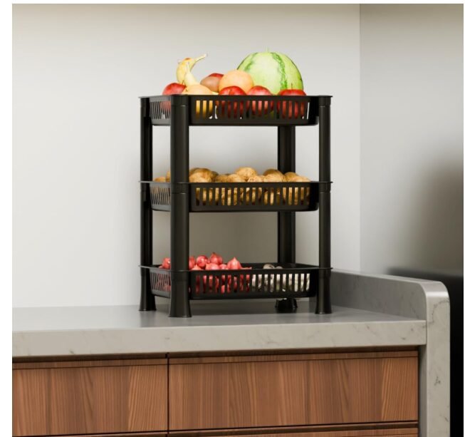 Multipurpose Plastic Storage Rack for Kitchen | Foldable Vegetable & Fruit Organizer Stand for Onion, Potato, Sabji | Countertop Multi-Layer Basket Rack for Home, (Black, 3 layer)