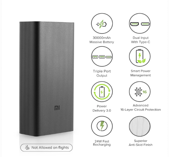 Mi Power Bank Boost Pro 30000mAh with 18W Fast Charging|Power Delivery 3.0|24W Fast Recharging|Triple Output Port|Dual Input with Type C|16 Layer Protection (Black)