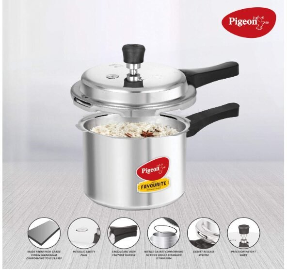 Pigeon By Stovekraft Favourite Aluminium Pressure Cooker with Outer Lid Gas Stove Compatible 3 Litre Capacity for Healthy Cooking (Silver) Size:3L - Image 2