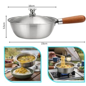 Stainless Steel Saucepan Lid with Wooden Handle, Cooking Mixing Pan, Salad Bowl for Boiling, Kitchen, Home Essential, Milk, Tea, Coffee, Soup, Trekking, Picnic (SS Saucepan Lid)