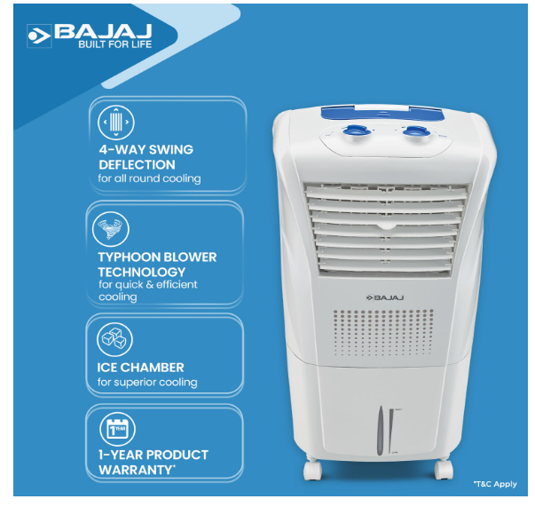 Bajaj Frio New Personal Air Cooler 23 Litre|DuraMarine Pump| 3-Yr Warranty| Anti-Bacterial Hexacool Master | Typhoon Blower Technology | Inverter Compatability | 30 Feet Air Throw | White - Image 2