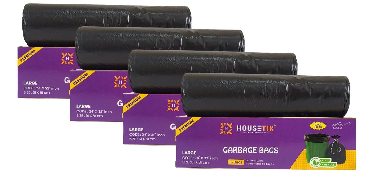 Premium Garbage Bags | Large | 24 X 32 Inches | 60 Bags (15 Bags x 4 Rolls) | Black Dustbin/Trash Bags | Strong, Leak-Proof & Eco-Friendly | For Wet & Dry Waste with Easy Tie Tapes