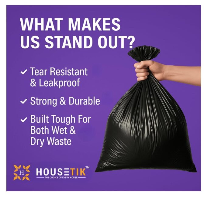 Premium Garbage Bags | Large | 24 X 32 Inches | 60 Bags (15 Bags x 4 Rolls) | Black Dustbin/Trash Bags | Strong, Leak-Proof & Eco-Friendly | For Wet & Dry Waste with Easy Tie Tapes - Image 2