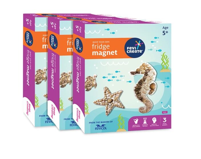 Fevicreate Fridge Magnet Art & Craft Kit, Make 3 Sea Animal Magnets with Seashells, Magnet Strip & More, Boost Child's Creativity, by Fevicol, Gift for Boy & Girl Age 5+ Year | Return Gift, Pack of 3