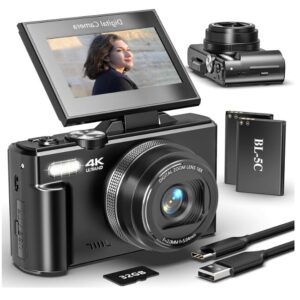 Digital Camera for Photography and Vlogging, 4K Autofocus YouTube Camera with 3" 180° Flip Screen, WiFi, 18X Zoom, Flash, 2 Batteries & 32GB SD Card