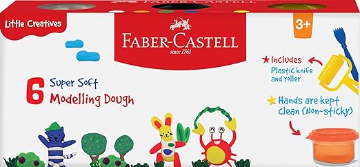 Faber-Castell Little Creatives Modelling Dough Set of 6 | Non-Toxic Super Soft Modelling Dough for Kids Aged 3+ years | Includes Plastic Knife, Roller & Character moulds on lid and base | Super Soft, Non-Sticky & Child-Safe