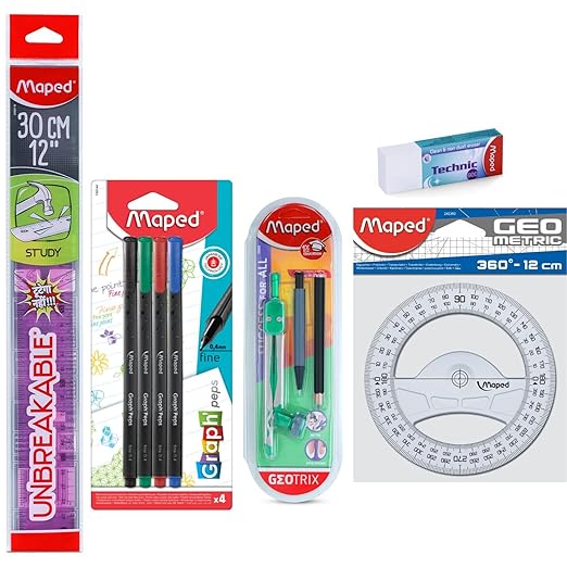 Maped Mandala Drawing Tools- Set of 5| Basic Mandala Stationery Kit| Compass with Wooden & Mechanical Pencil, Fineliner Set, 360̊ Protractor, 30cm Unbreakable Ruler, Big Size Eraser| Mandala Combo