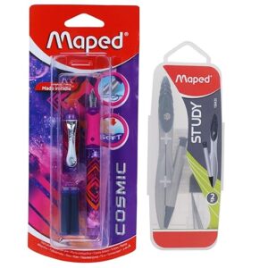 Maped Mechanical Set-2Pc| 1 Compass With Attached Mechanical Pencil & 1 Fountain Pen|Rounder Compass|Sturdy & Strong Perfomance| Metal Nib & Comfortable Smooth Gliding|Ink Pen,Ink Color-Black