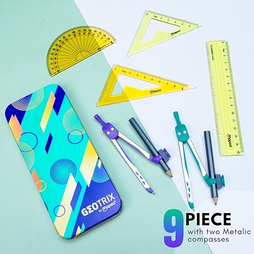 Maped Geotrix Geometry Box for Students- 9pcs Math Set|Geometry kit with Die -Casted Instruments|Innovative Reusable Metal Compass Box|Long Lasting & Strong|Mathematical Instrument Box for School Kids - Image 2