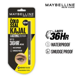 Maybelline New York Colossal Lasting drama Kajal - 36H Wear, Waterproof, Smudge Proof Kajal - 10 Midnight Black, 0.31g