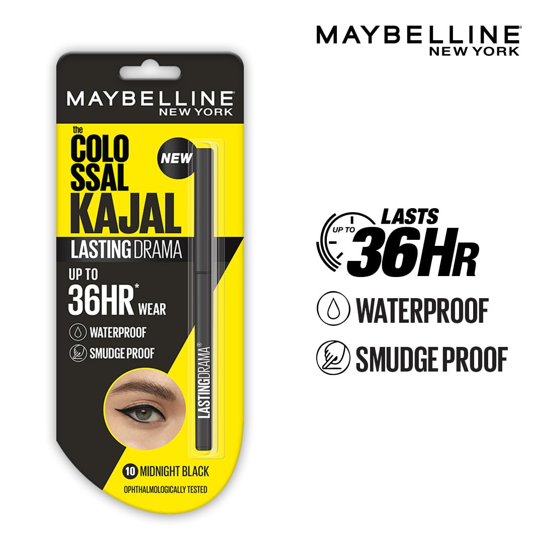 Maybelline New York Colossal Lasting drama Kajal - 36H Wear, Waterproof, Smudge Proof Kajal - 10 Midnight Black, 0.31g