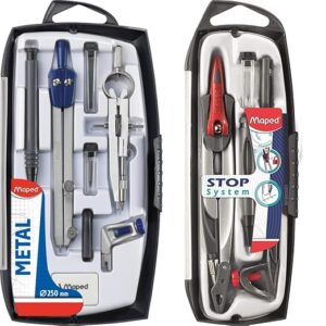 Maped - Leg Compass Set| Metal Compass Box|Die Casted Compass | Heavy Duty Compass Box | Smart Compass Box & Helix USA Stop System Compass Set - Pack of 5, Clear