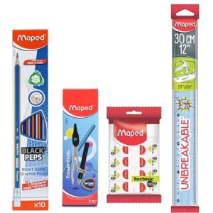 Maped Basic Stationery Kit|Essential School Stationery|10 EraserTip Pencil; 8 Dustfree Eraser; 1Unbreakable Scale & 1 DieCasted Compass with HS Pencil|Return gifts for Kids|Gift Set for Kid & Students
