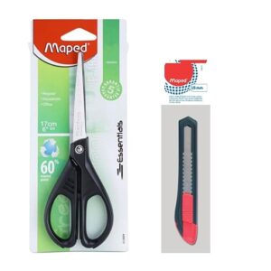 Maped Office Stationery kit-2Pcs| Maped 18mm Cutter-1Pc|Heavy Duty Stainless Steel Scissor-1Pc|Super Comfort Grip Handle|Ideal For Daily use |Long lasting |Comfortable and Convenient|Scissor| Cutter