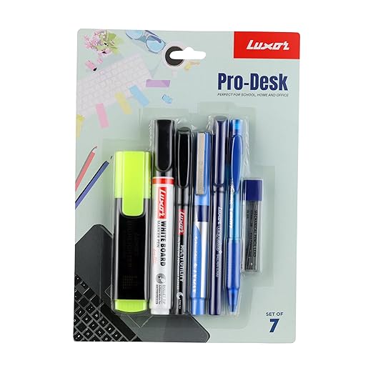Luxor Pro-Desk Set of 7 Assorted Combo | Perfect for Home and Office | Essential Stationery Item Kit | Writing tools | Office writing supplies