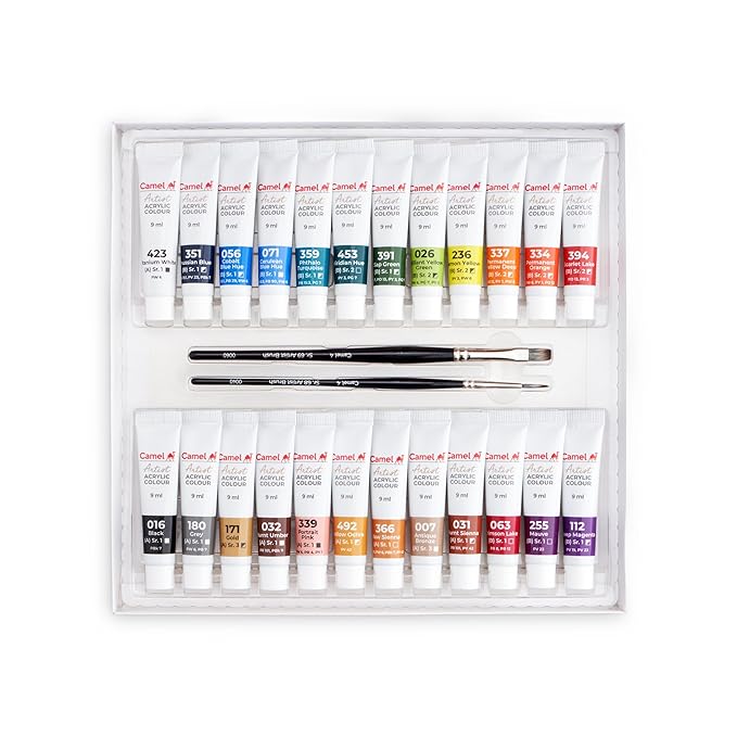 Camel Artist Acrylic Colours 24 Shades, 9ml with 2 Artist Brushes - Image 2