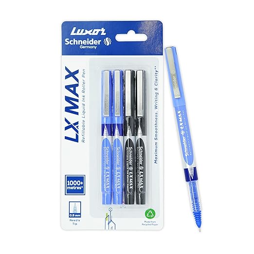 Luxor Schneider LX MAX roller ball pen, Pack of 4, 2 Blue+2 Black, Needle Tip, 0.5mm, 100% German Technology, 1000+ mtrs writing length, Waterproof Ink, Ideal for Students & Professionals