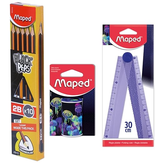 MAPED Stationery Kit(Deepsea Paradise)|Foldable 15cm Scale|Sharpner with Canister to collect Shaving|Traingular Graphite Pencil|Pencil Eraser Sharpener Kit|Stylish Stationery for School & Office Use
