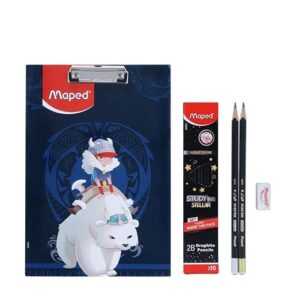 Maped Exam kit 12pc Set (Viking Theme)|High-End Clipboard and Wooden Dark Pencils|Exam Pad for Students|Ideal for School Students| Essential Exam Kit| Triangular Pencil|Non-Toxic Eraser