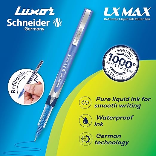 Luxor Schneider LX MAX roller ball pen, Pack of 4, 3 Blue+1 Black, Needle Tip, 0.5mm, 100% German Technology, 1000+ mtrs writing length, Waterproof Ink, Ideal for Students & Professionals - Image 2