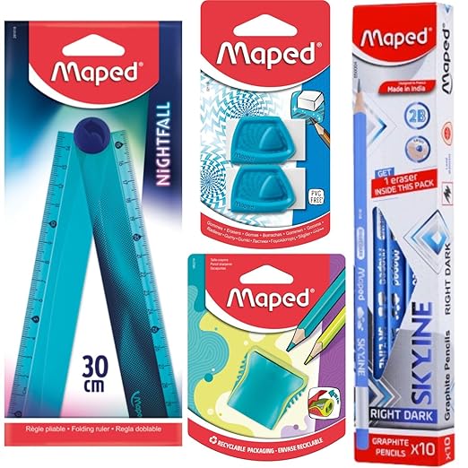 Maped Back-To-School stationery|10pc Pencils, 2H Sharpner with Canister, 2pc Erasers with Sleeve, Foldable Scale in 1combo| Ideal for Students, Office & daily purpose use|Gifting idea for Boys & Girls