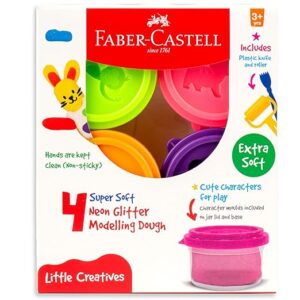 Faber-Castell Neon Glitter Modelling Dough – Pack of 4 Neon Colours | Soft, Non-Sticky, Child-Safe Clay with Glitter | Ideal for Creative Play & DIY Projects