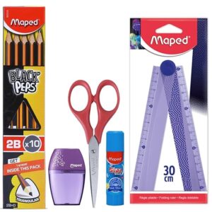 Maped Student Starter Kit-Pack of 5|Wooden Traingular 2B pencil set, Clean Grip Sharpener with Canister, Foldable Scale, 13cm Scissor & Glue stick|Kit that support both academics and projects work