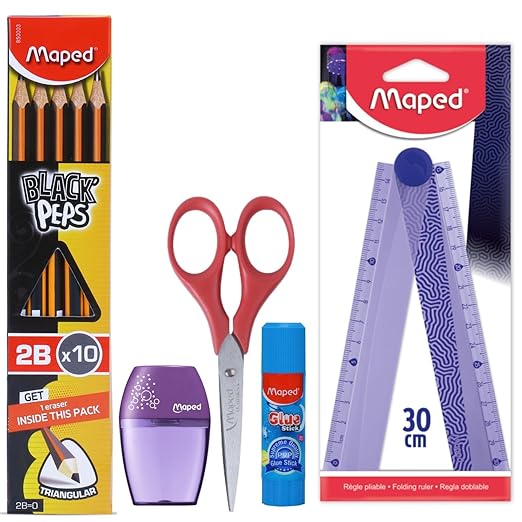 Maped Student Starter Kit-Pack of 5|Wooden Traingular 2B pencil set, Clean Grip Sharpener with Canister, Foldable Scale, 13cm Scissor & Glue stick|Kit that support both academics and projects work