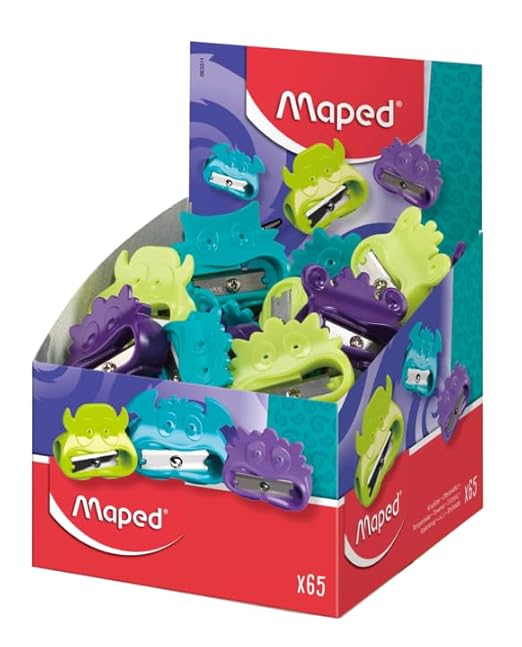 Maped Vivo Monster 1H Sharpener-Pack of 65|Compact & Long Lasting|Smooth Sharpening|Cartoon Collective Sharpening Tool|Fancy & Cute Designs for Kids|Useful for School, Office & Gifting Purpose