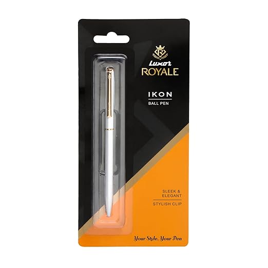 Luxor Royale, Ikon, Ball Pen, Pack of 1, Metallic Shiny Silver Body, Ink Colour- Blue, Gold Trim, Stylish Clip, Sleek & Elegant, The Ultimate Choice For Professional Gifting