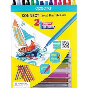 Apsara Konnect Brush Pen 14 shades | 2 in 1 Brush for art Konnect for Fun | Ideal for Artists, Students & Professionals | Flexibile Tip | Free Dual Konnectors & Colouring Sheets