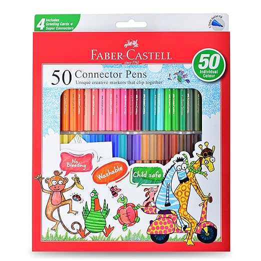 Faber-Castell Connector Pen Set – Pack of 50 | Bright, Washable Colours with Smooth Ink Flow | Snap-On Connector Caps for Creative Play | Non-Toxic & Child-Safe Sketch Pens
