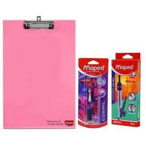 Maped StudyMate Exam Kit-Set of 3|9pcs Compass Set with MDF Pastel Color Clipboard & Fountain Pen | Complete Study Set for School Exams & Students| Ideal for Drawing, Drafting & Writing Essentials