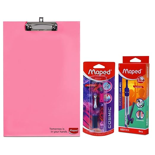 Maped StudyMate Exam Kit-Set of 3|9pcs Compass Set with MDF Pastel Color Clipboard & Fountain Pen | Complete Study Set for School Exams & Students| Ideal for Drawing, Drafting & Writing Essentials